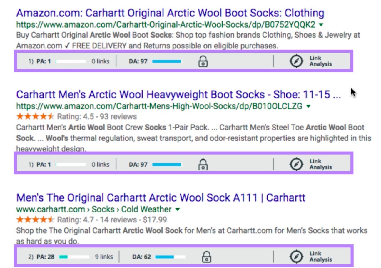 Search engine results page (SERP) for "wool socks"
