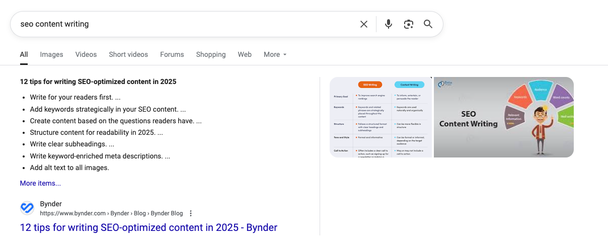 Featured snippet showing Bynder blog list of SEO content writing tips for 2025.