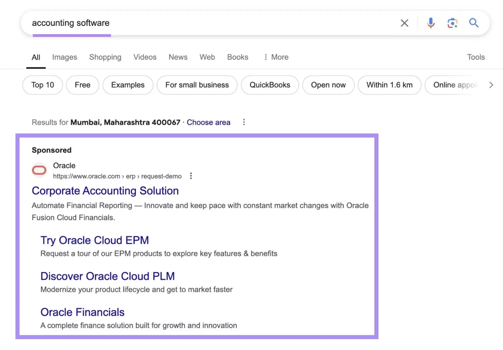 Google search results for accounting software showing Oracle sponsored ad with multiple links