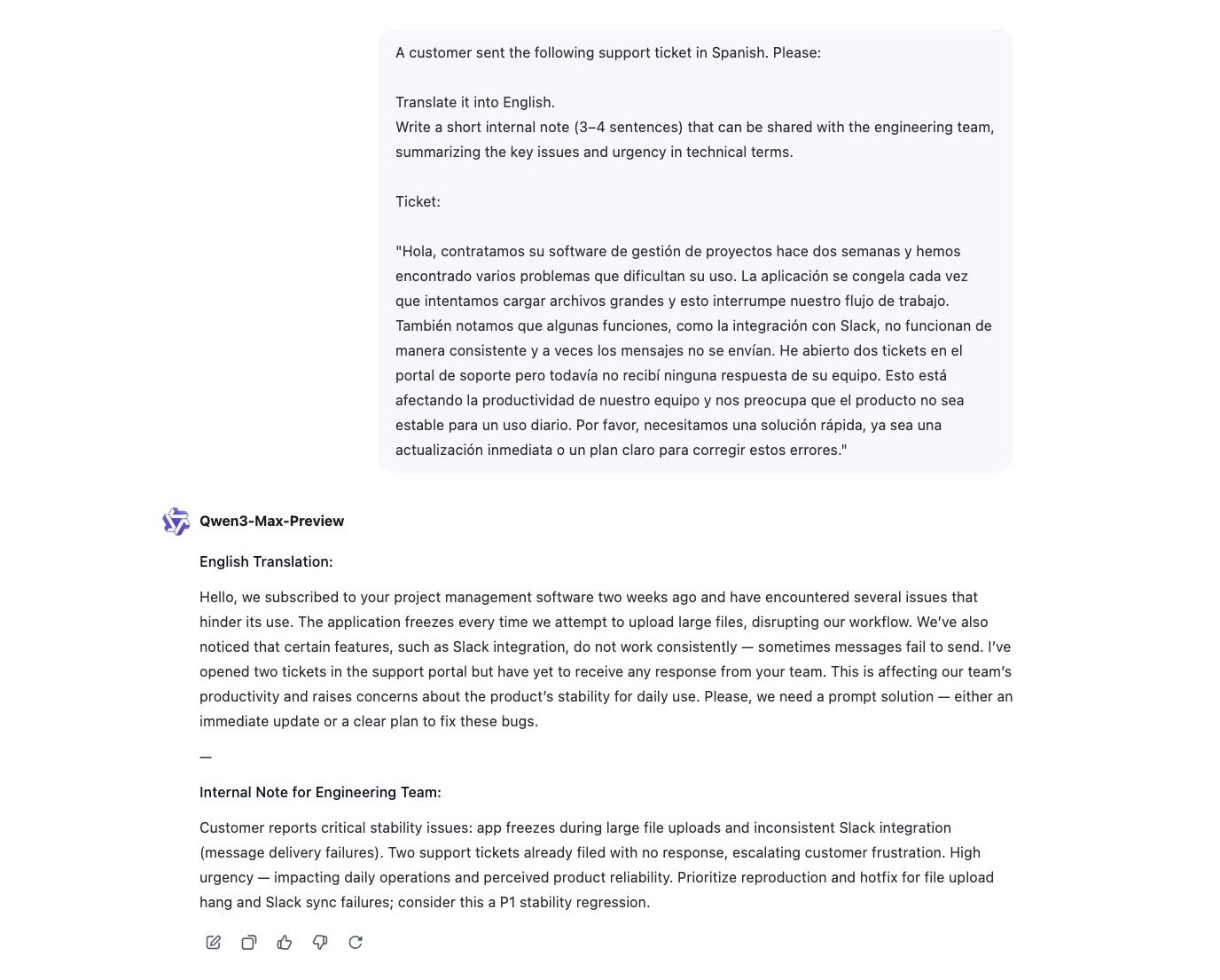 Qwen 3 translating a support ticket from Spanish to English along with an internal note for the engineering team.