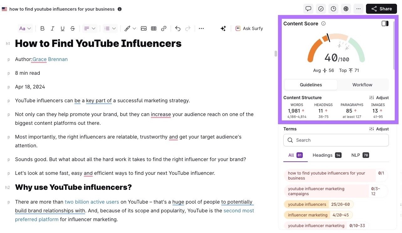 Content Score on SurferSEO showing an overall score along with insights on paragraphs, images, keyword coverage on headings and body, etc.