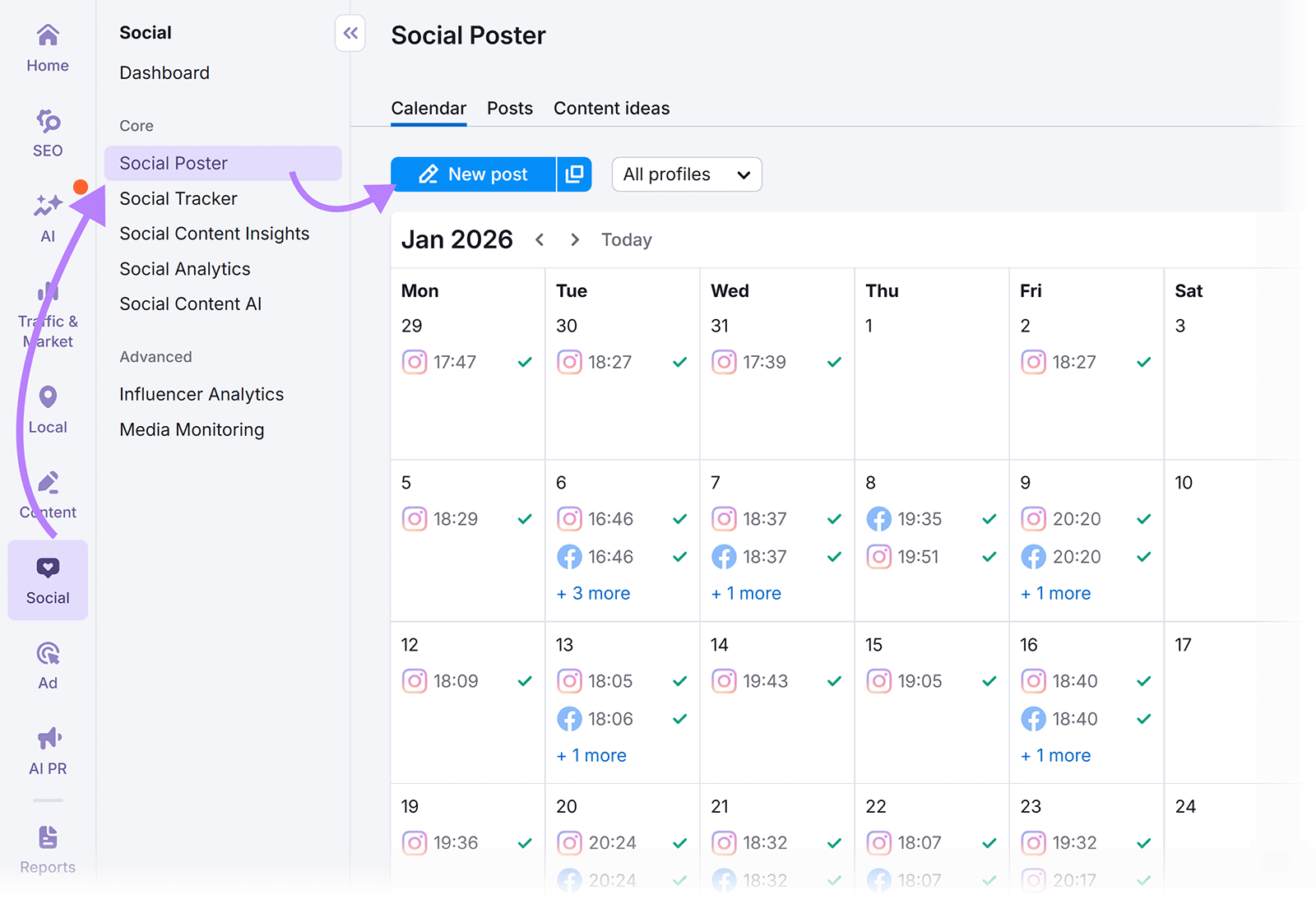 Social Poster calendar view with arrows pointing from Social menu option to Social Poster in sub menu to New post button.