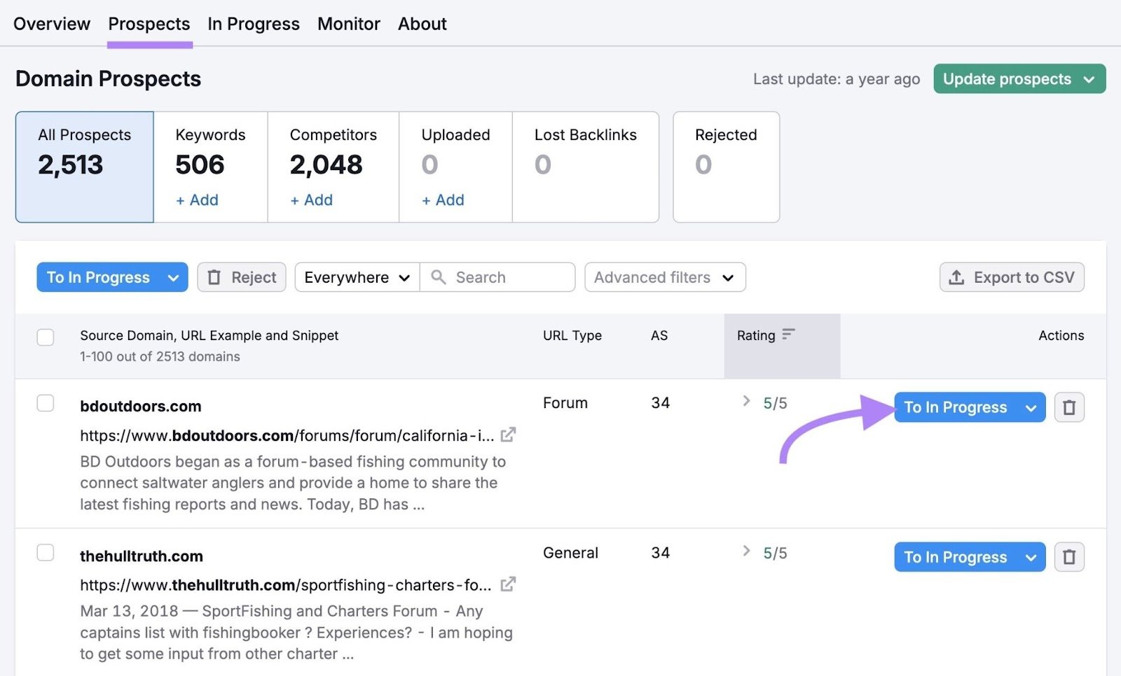 "Prospects" tab on the Link Building Tool with “To In Progress” next to a URL clicked.