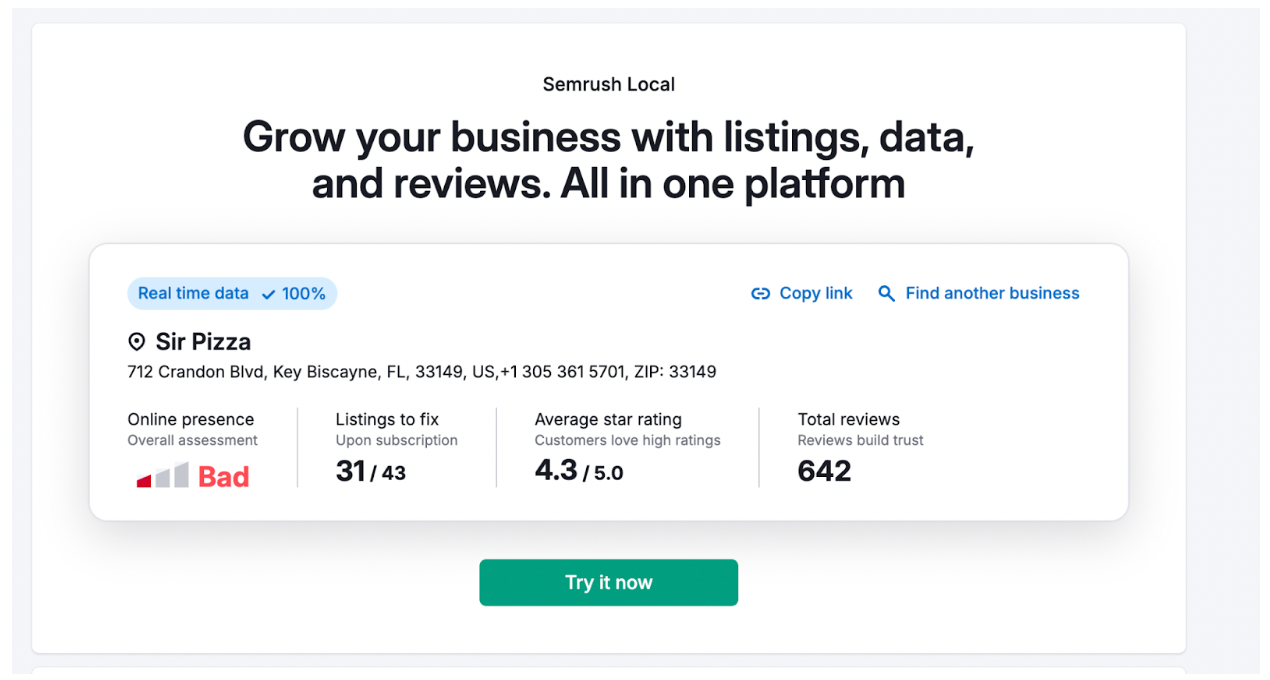Click “Try it now” to sign up for Semrush’s Listing Management tool.