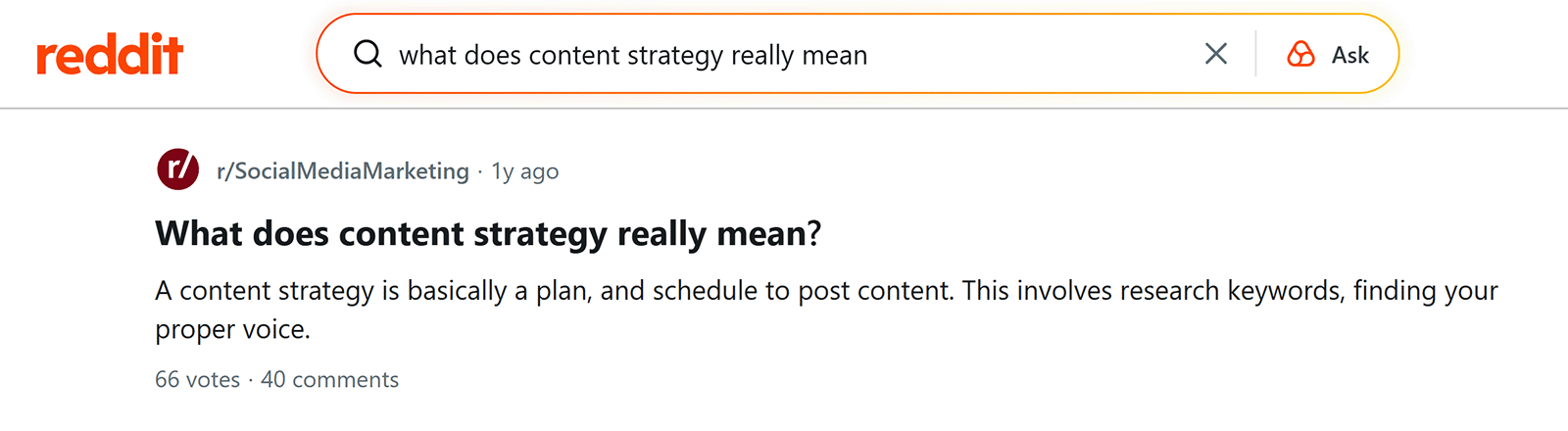 Reddit search results page showing a discussion thread answering “What does content strategy really mean?”