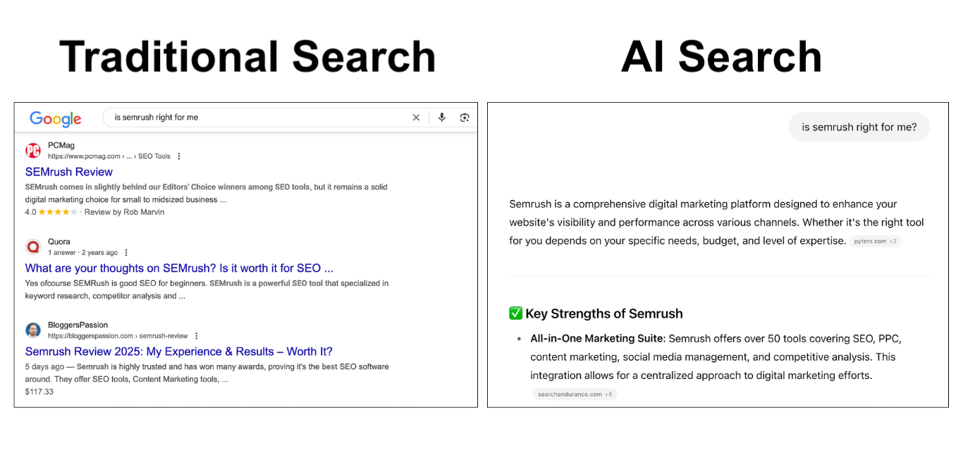 An example of a traditional search result in Google compared to a ChatGPT search result