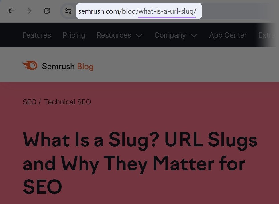 Optimized URL slug highlighted in browser.