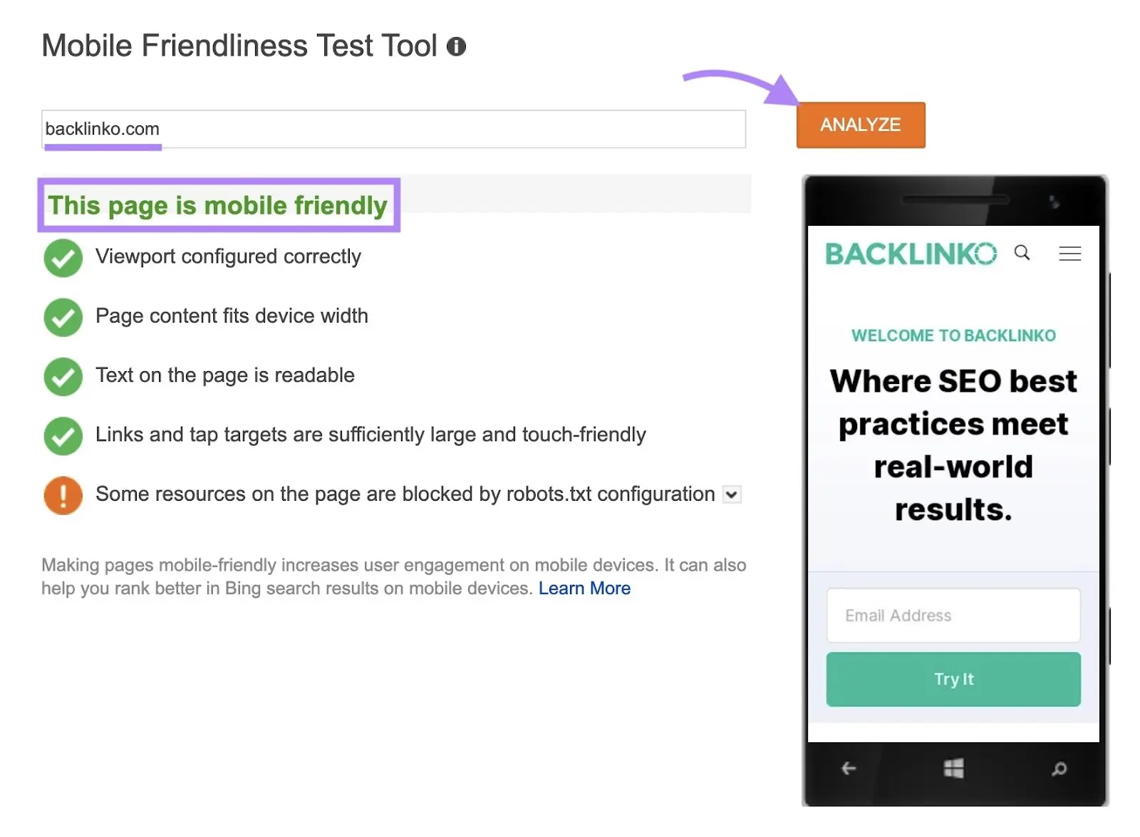Bing Mobile Friendliness Test showing a site marked mobile friendly, with usability checks passed and a mobile preview of the page.