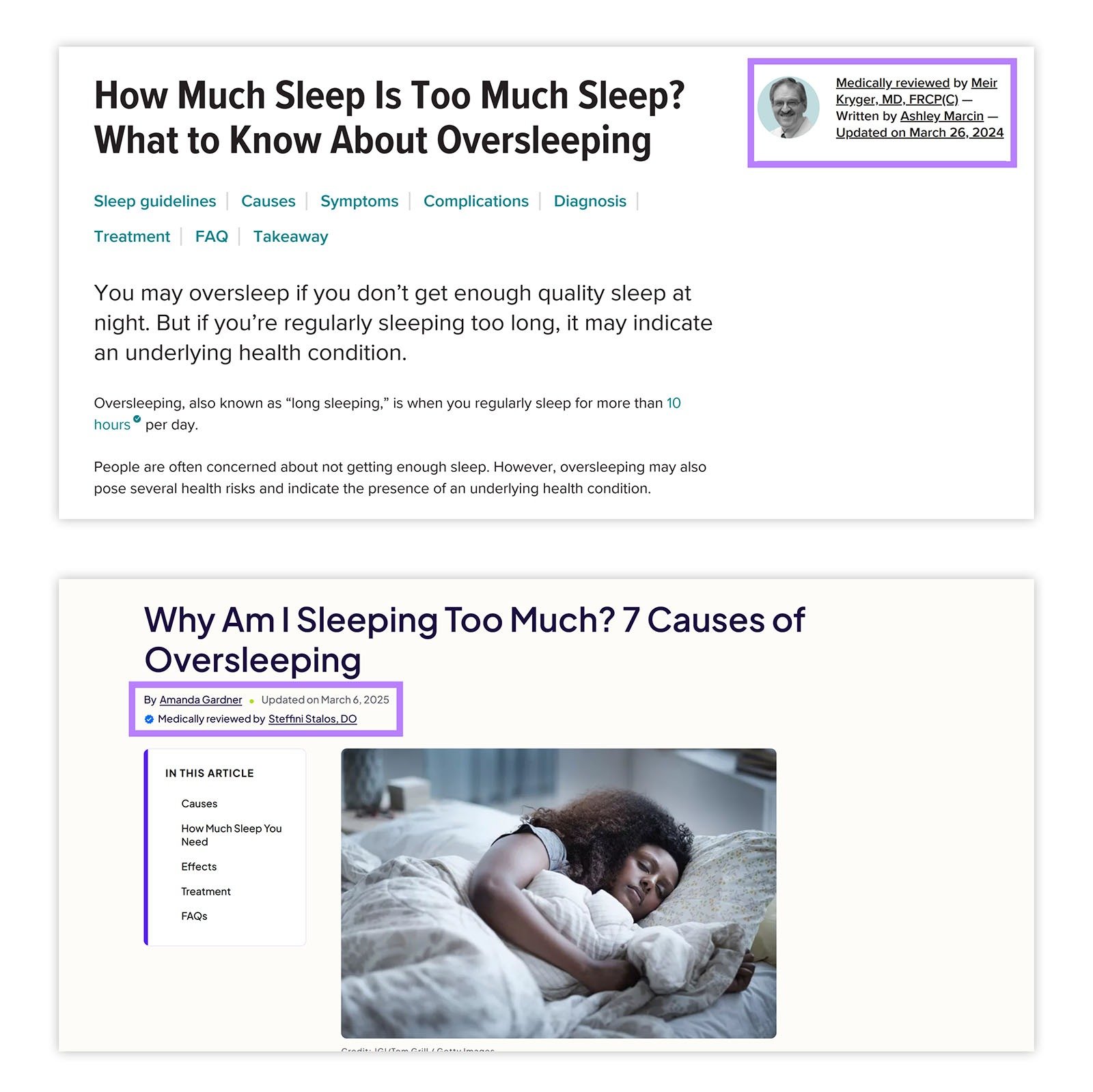 Two health articles showing author and medical reviewer info with highlighted update dates.