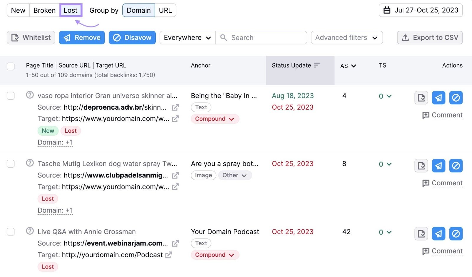 "Lost" table in Backlink Audit tool