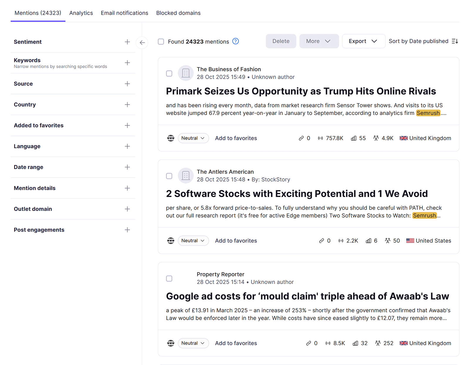 Mentions tab listing recent online articles with Semrush references and engagement data.