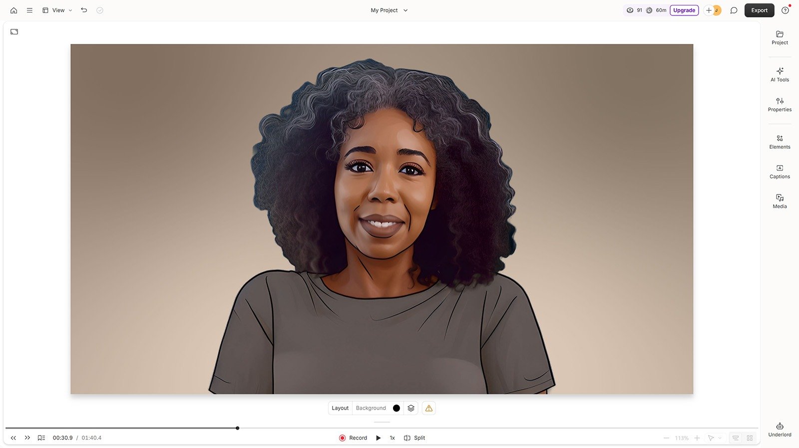 Descript editor showing a video project with an AI-generated avatar and text-based editing controls.