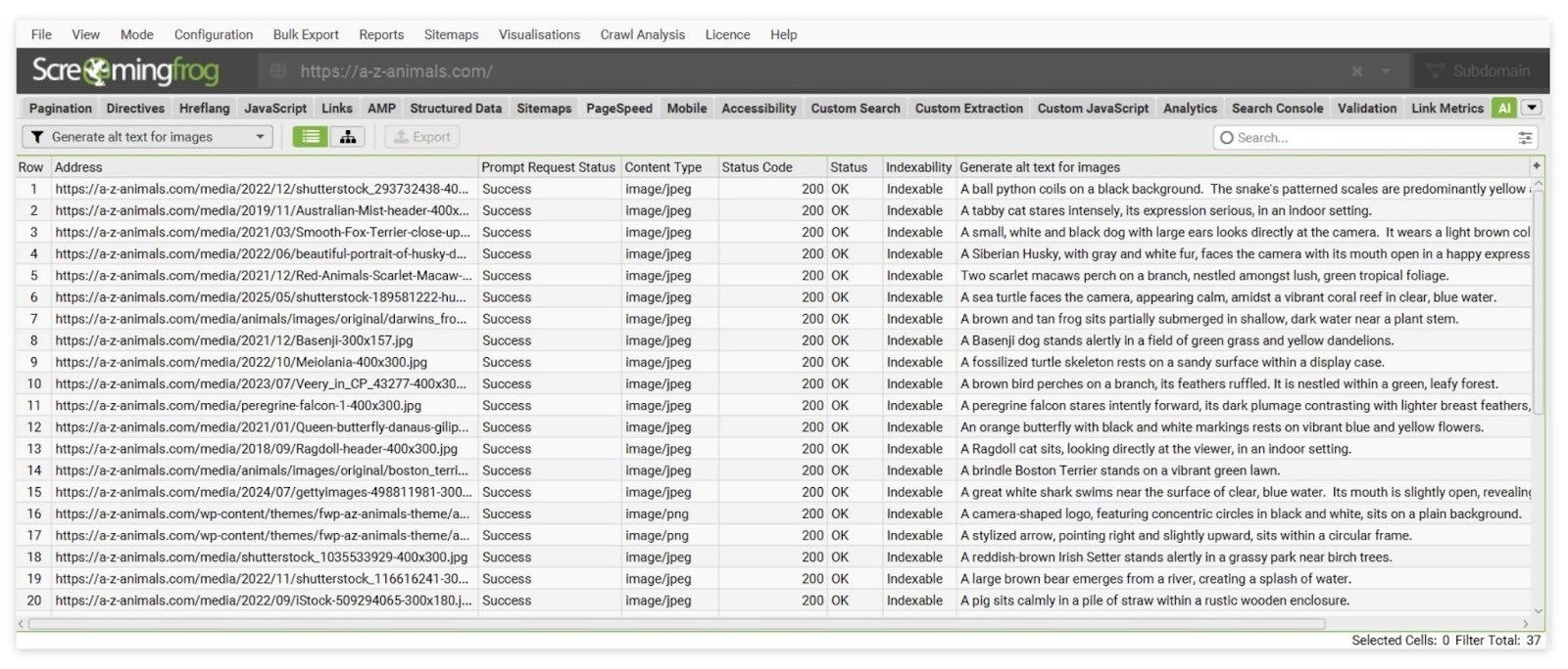 Generating alt text for images at scale using AI on Screaming Frog.