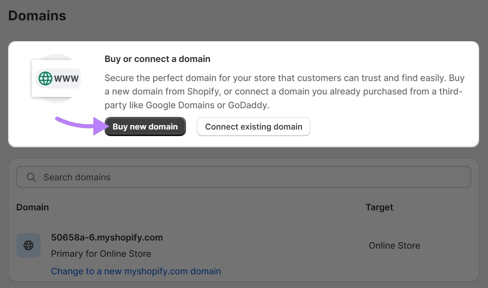 Buy new domain button highlighted.