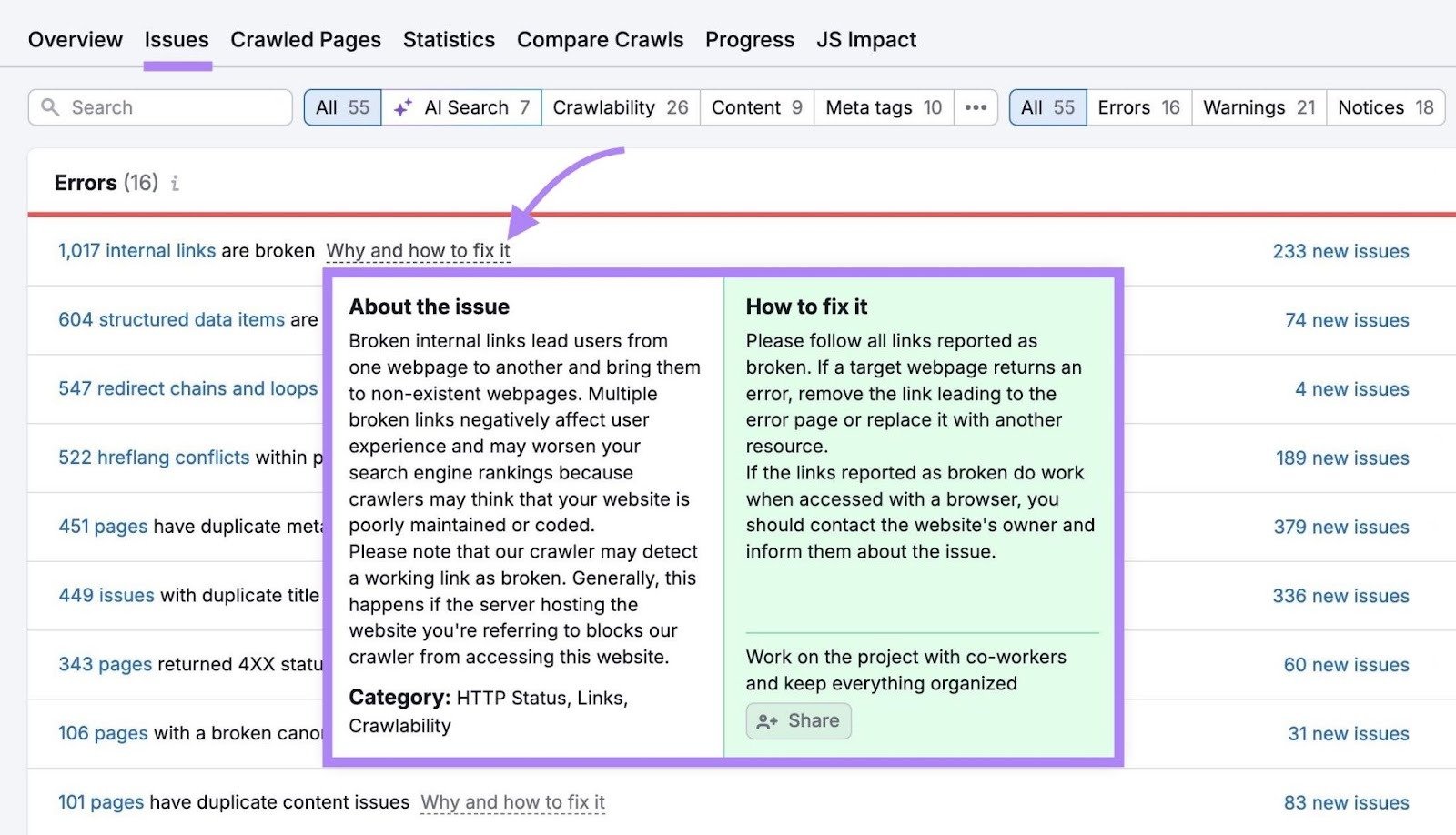 Site Audit Issues with "Why and how to fix it" next to an error clicked which shows more information about the issue.
