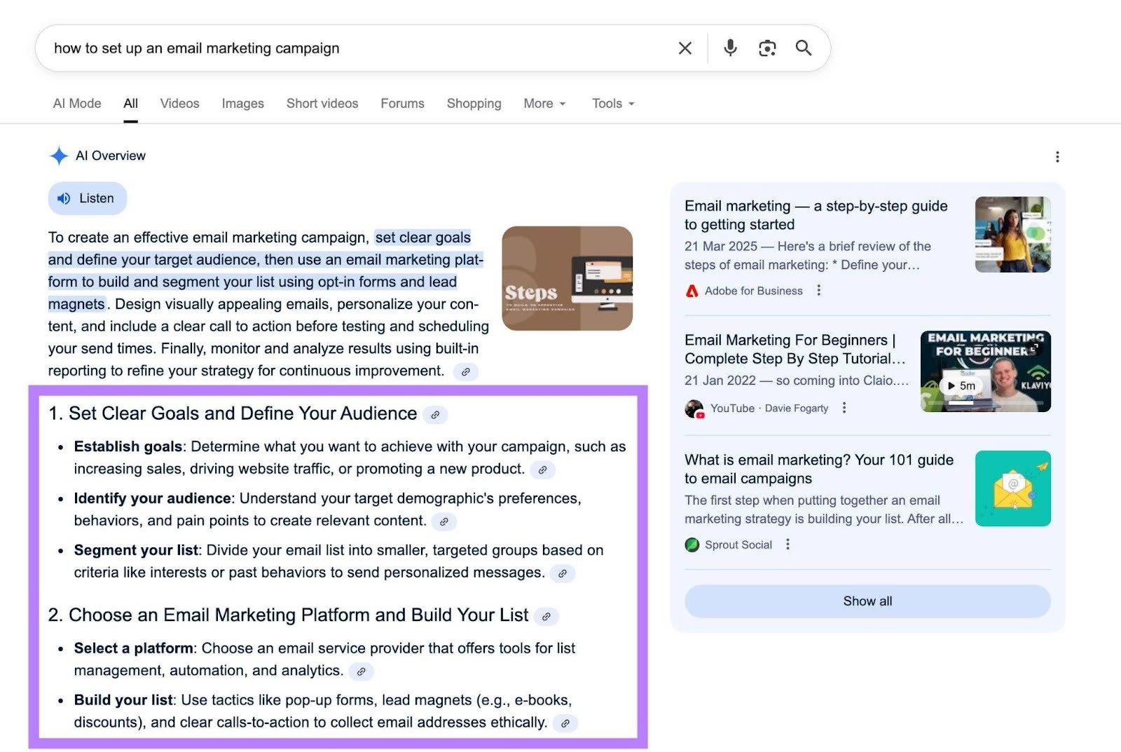 An AI Overview response using a numbered list, bullet point, bold text to highlight key information, short paragraphs, etc.