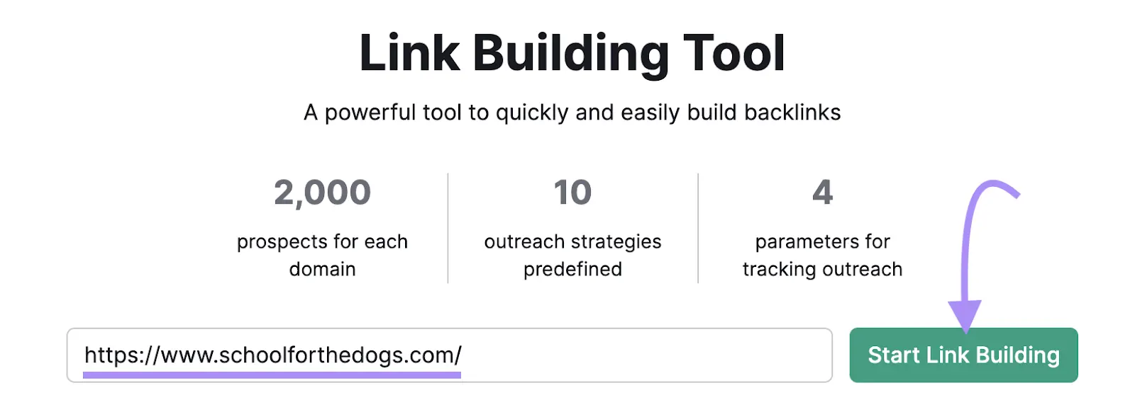 Link Building Tool with a domain entered and "Start Link Building" clicked.