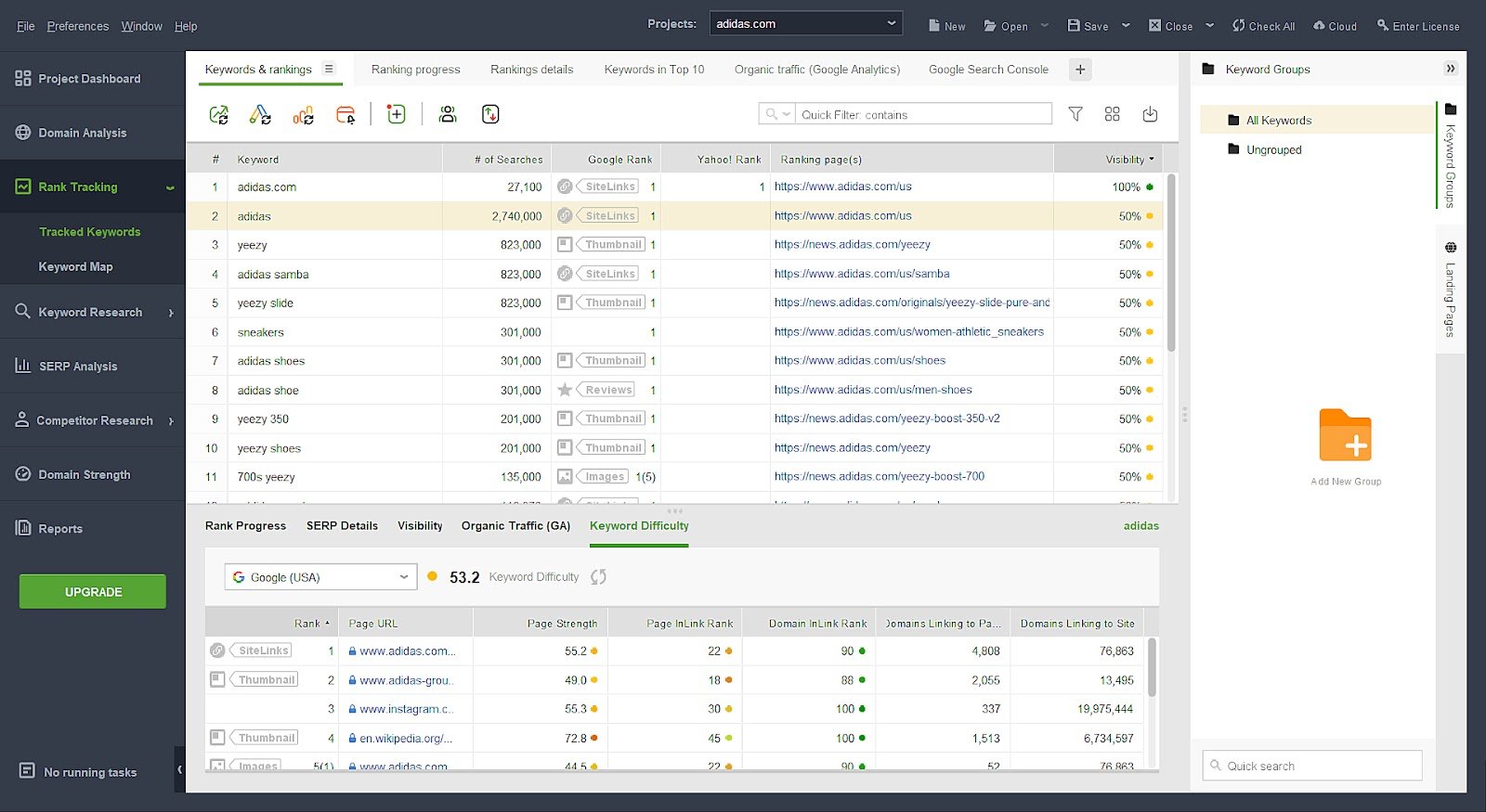 "Rank Tracking" tab of the SEO PowerSuite tool.