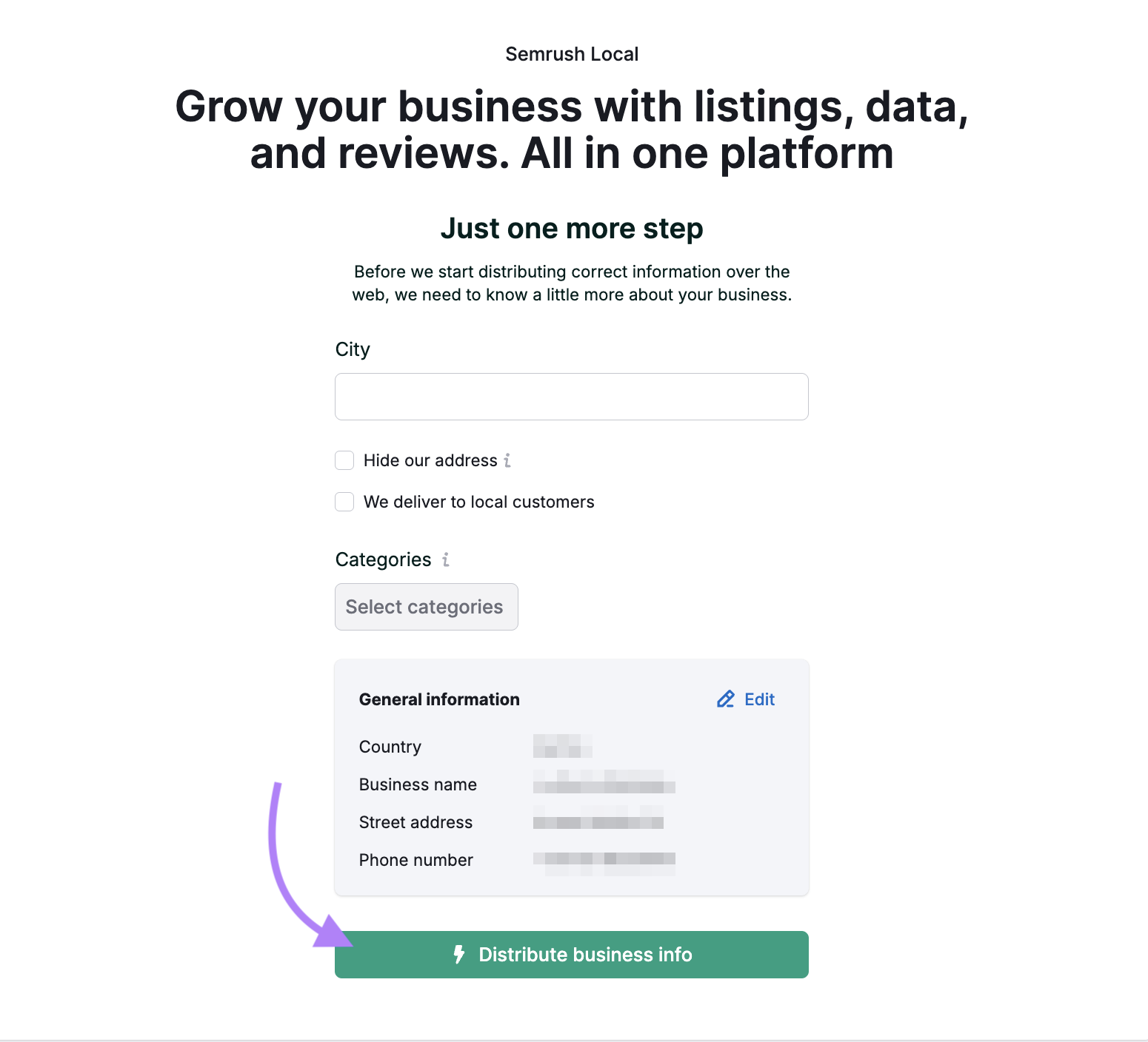 Distribute business info is highlighted.
