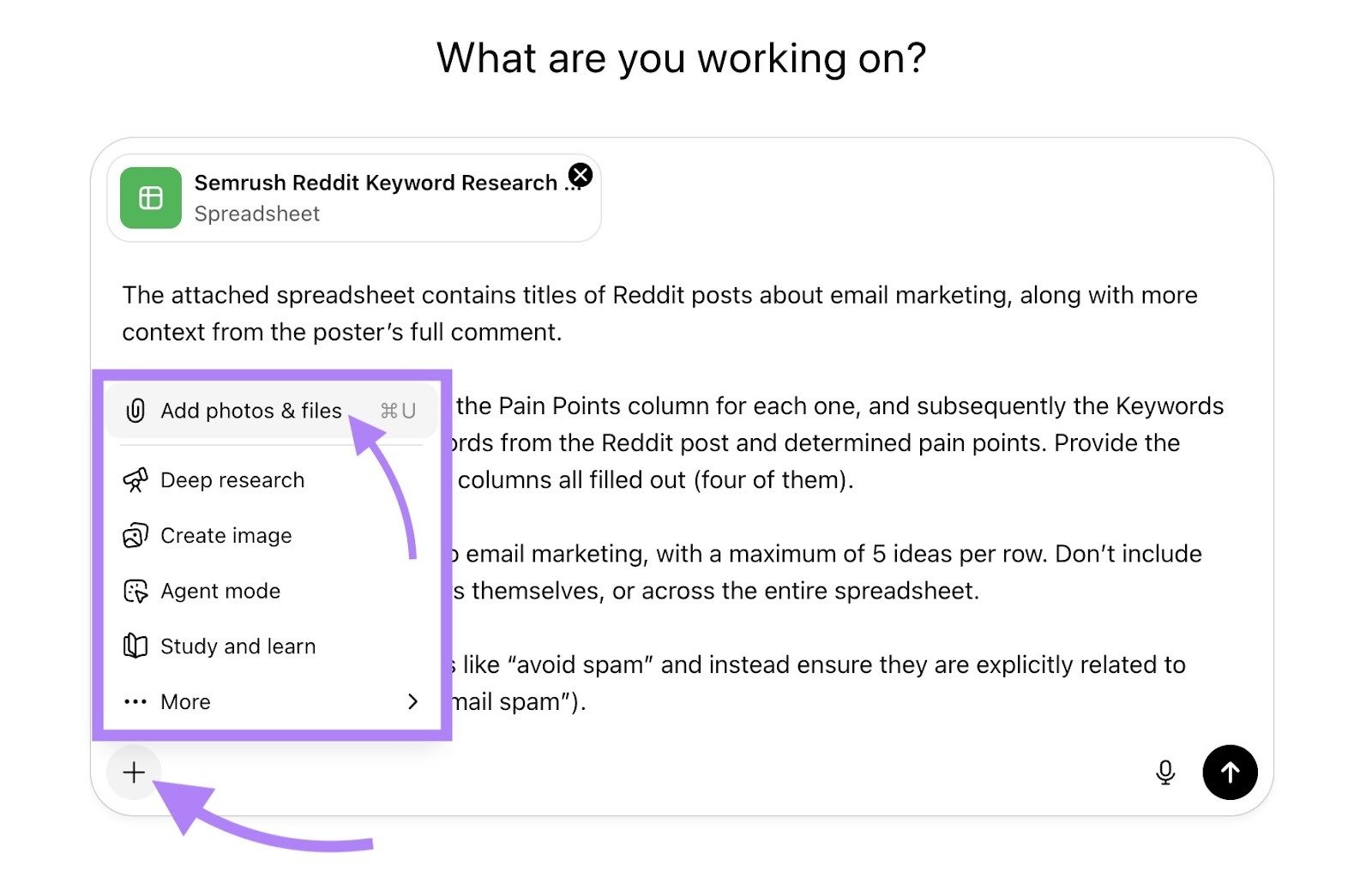 ChatGPT interface with the “+” icon clicked and "Add photos & files" clicked from the list.