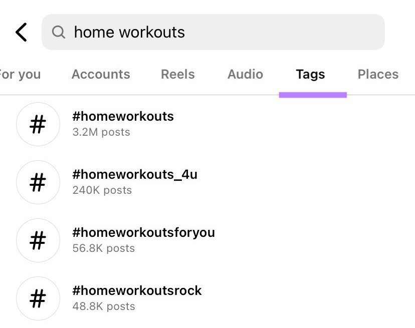 Tags tab shows list of hashtags by the number of posts for each.