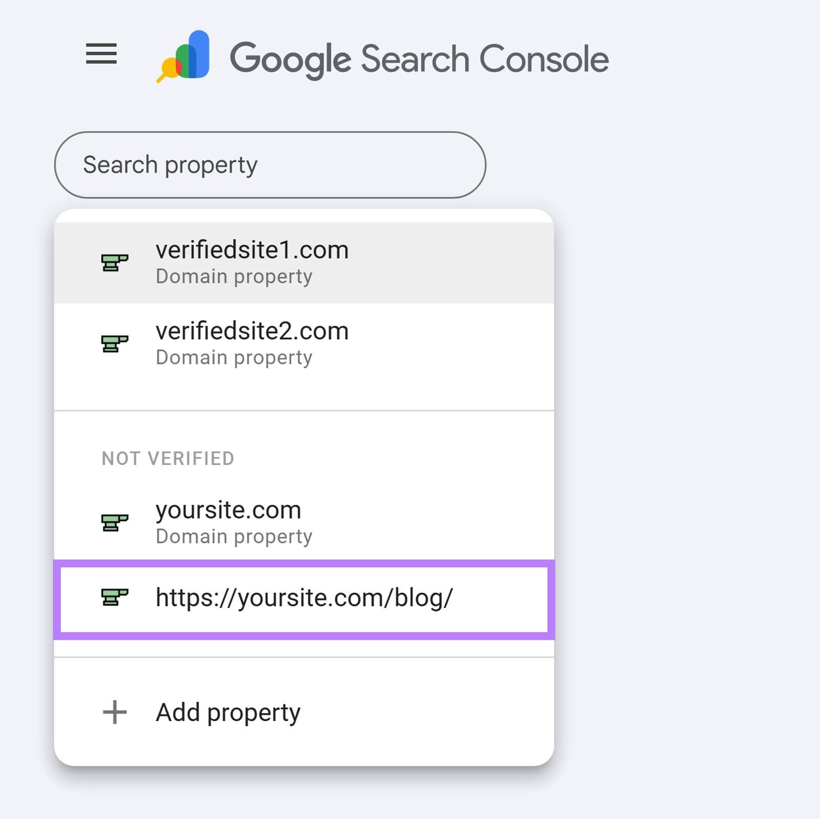 Google Search Console property selector with unverified URL property highlighted.