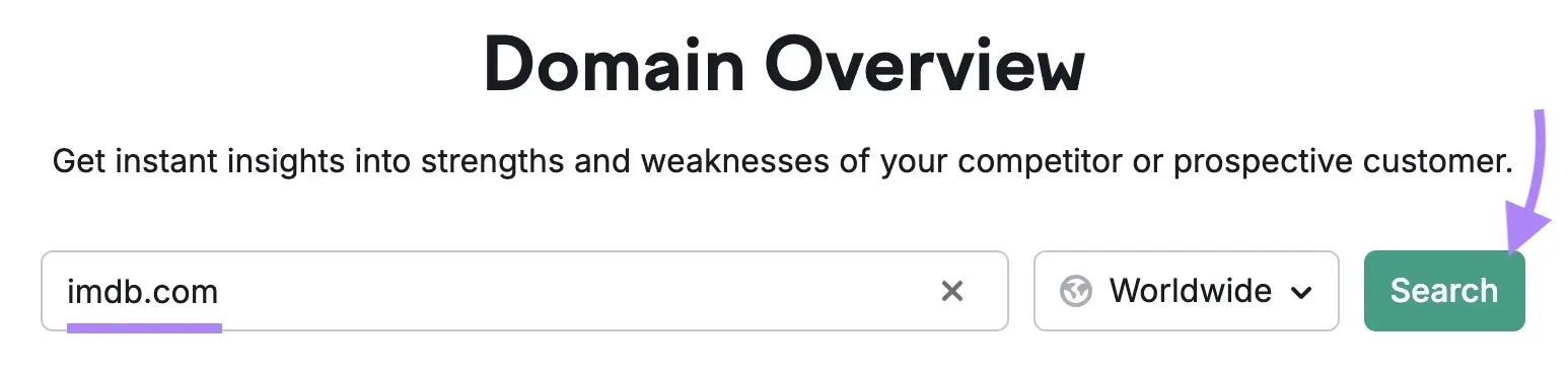 Domain Overview start with domain entered and arrow pointing to Search button.