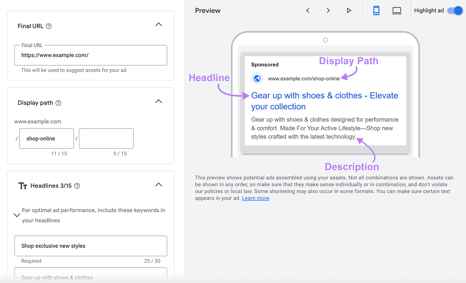 Google Ad preview with Display Path, Headline, and Description annotated in Preview section.