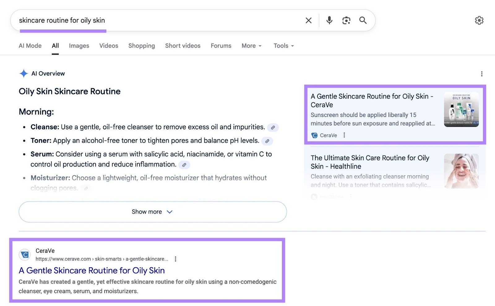 SERP for the term "skincare routine for oily skin" showing CeraVe ranking in the first spot in the AI Overview and the first organic spot.