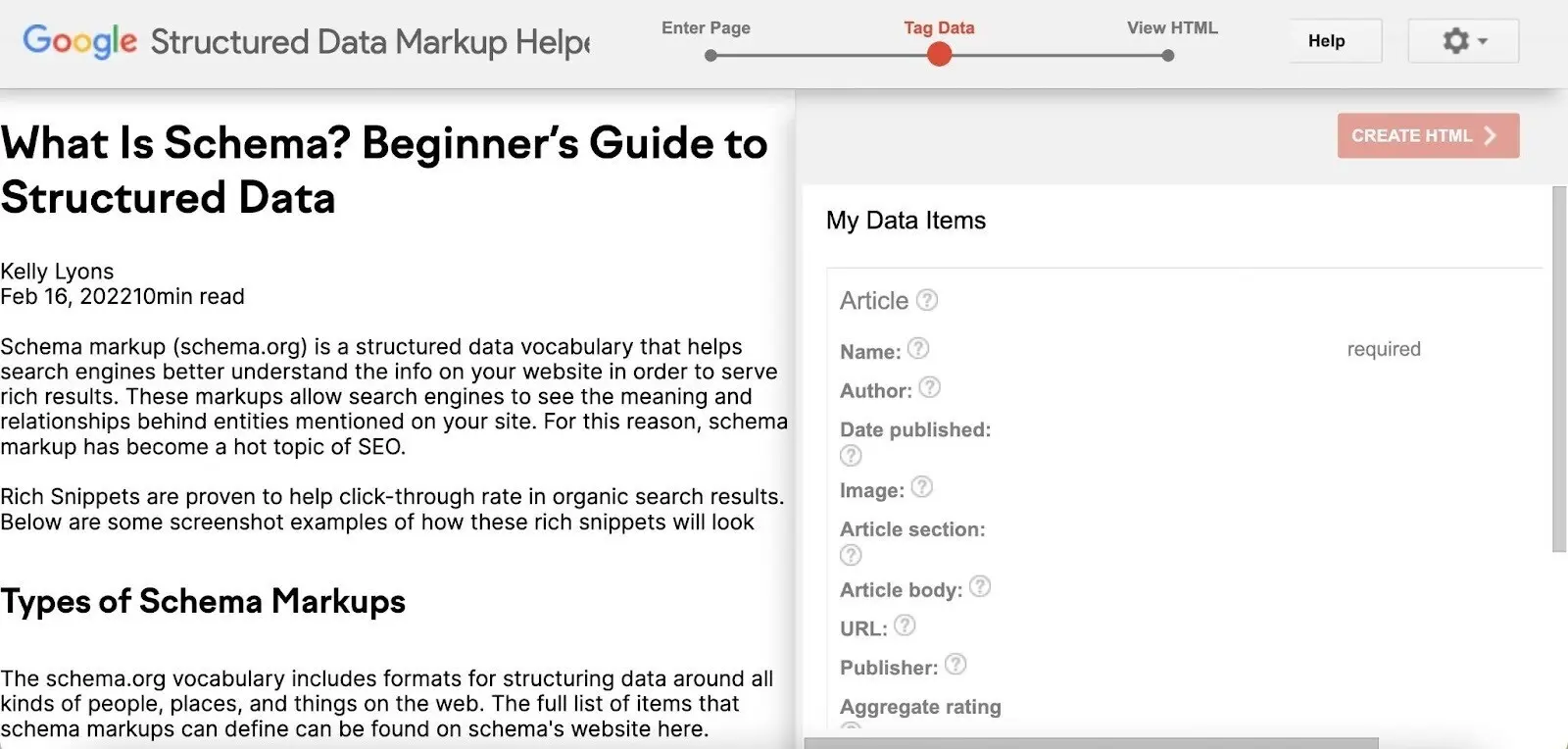 Google's Structured Data Markup Helper with a guide on the left and options to add data items like name, author, and image on the right.