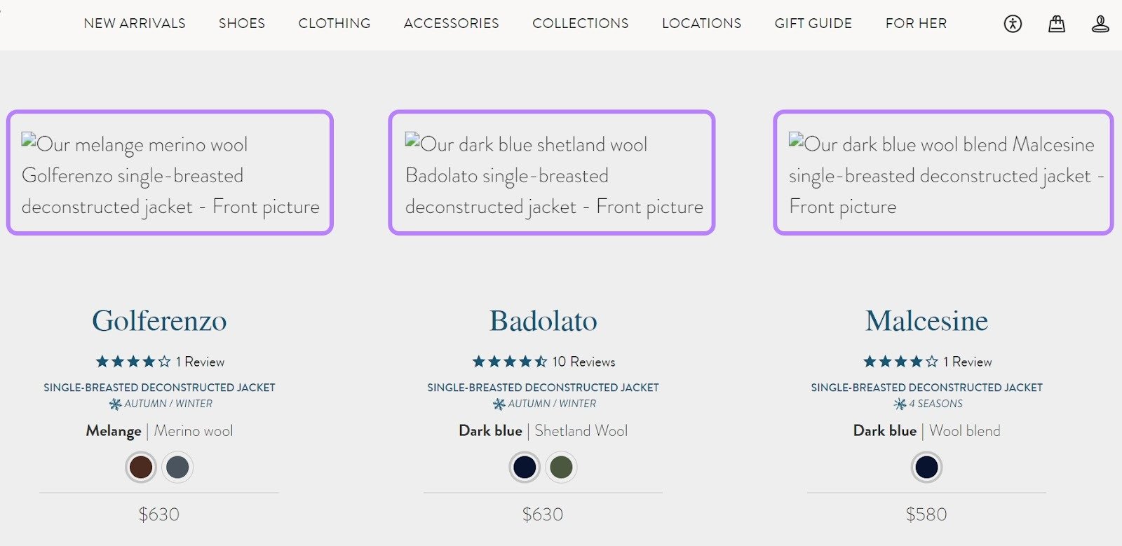 ALT text acting as placeholder for missing product images on a landing page.