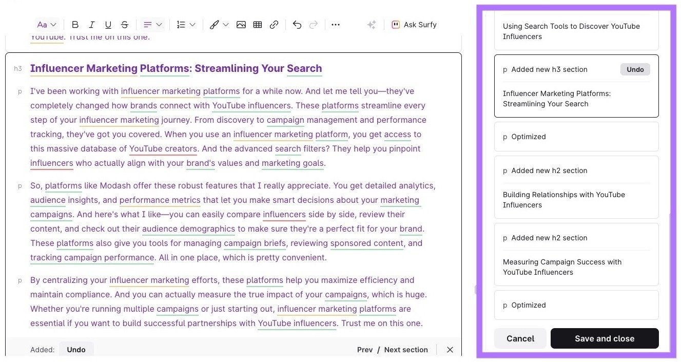 "Auto-optimize" results on SurferSEO with all the reviewable and reversible changes made appearing on the right-hand side.