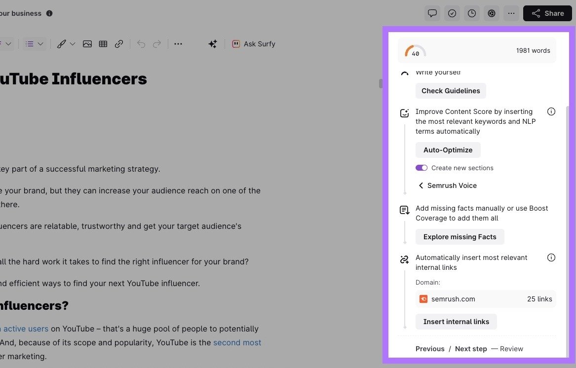 AI-optimization tools like Auto-Optimize, Explore missing facts, Insert internal links, etc. highlighted on the right-hand side of SurferSEO.