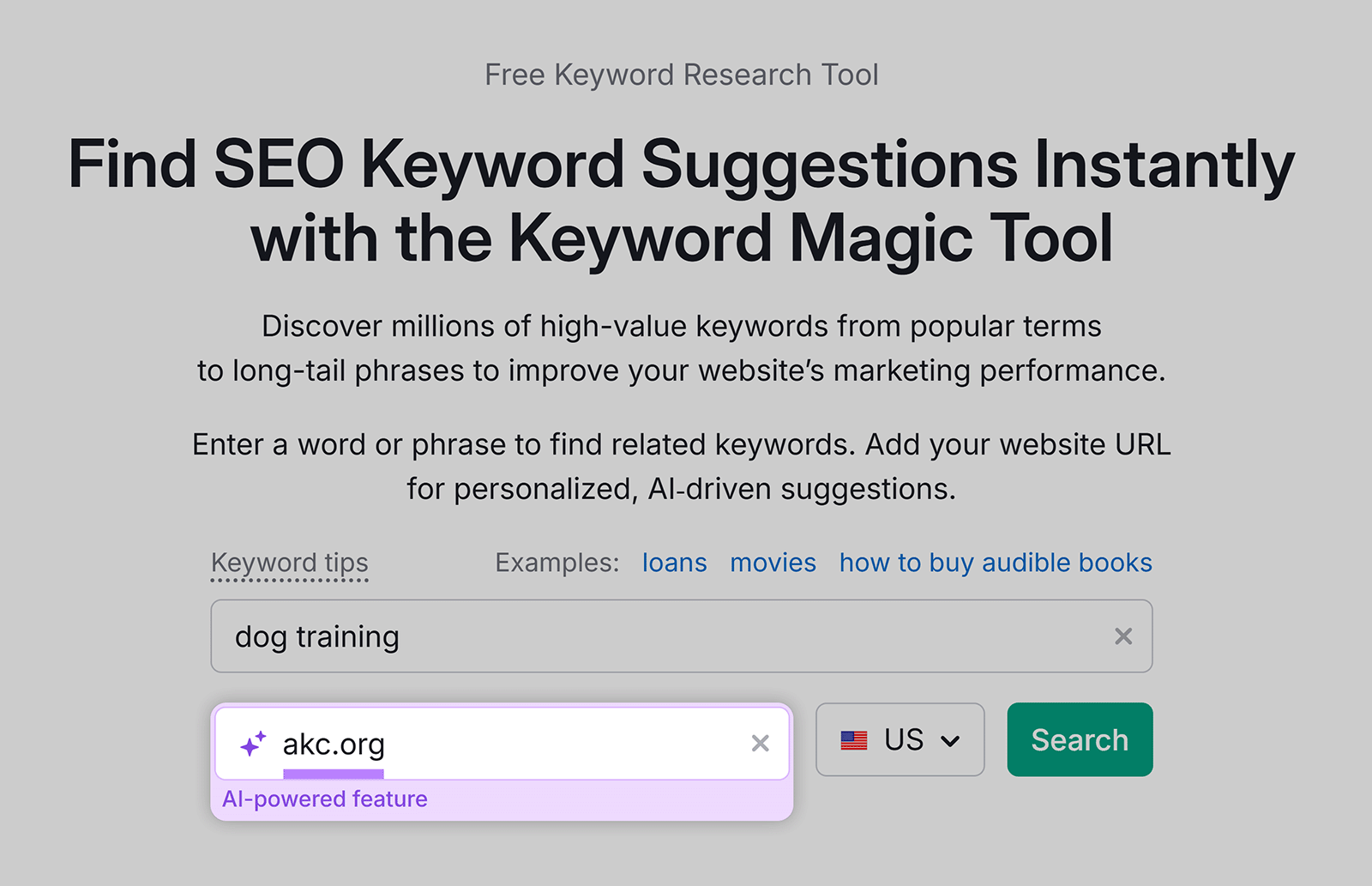 Keyword Magic Tool search screen for "dog training" with website field highlighted.