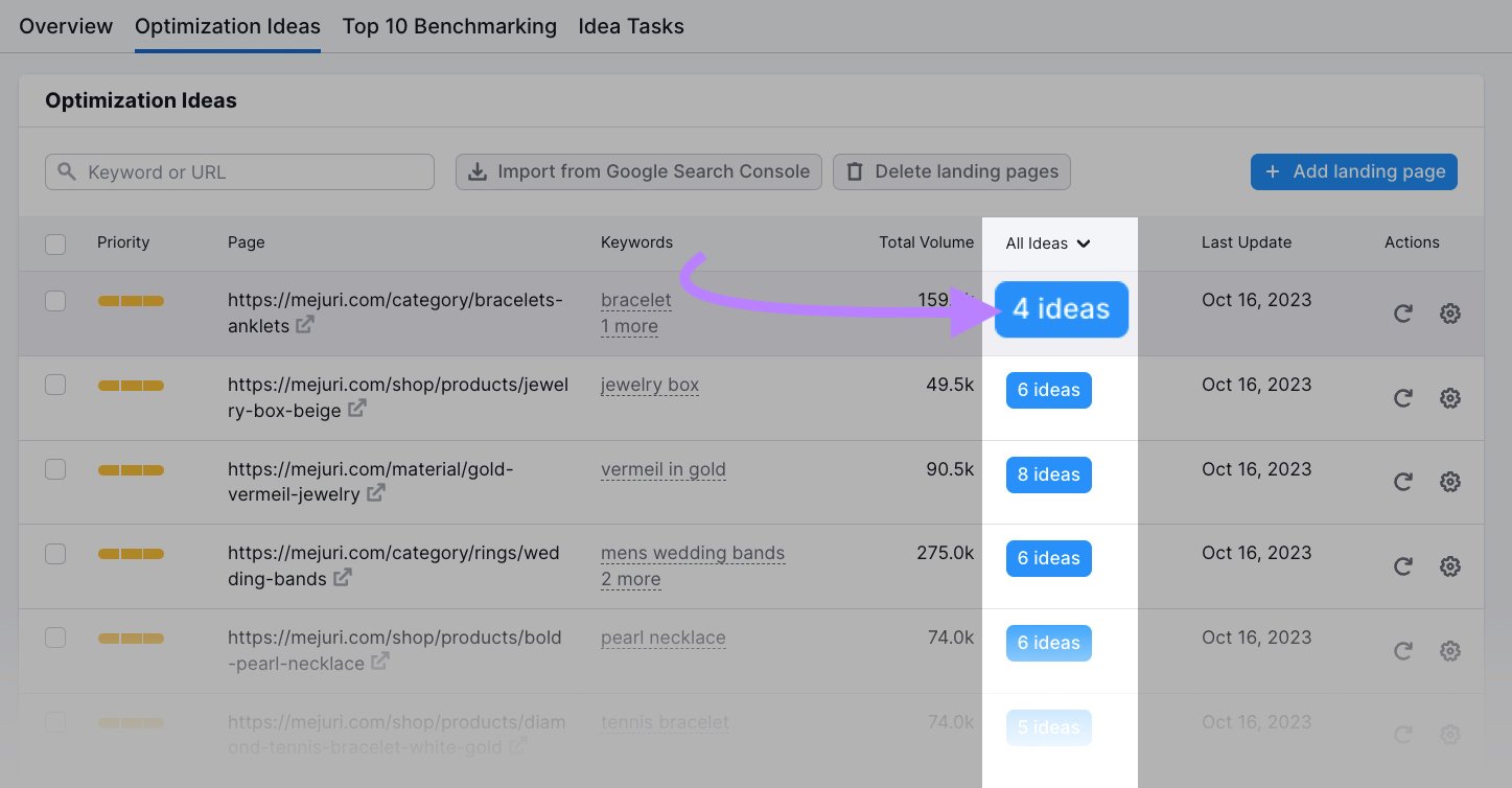“4 ideas” blue button highlighted next to the result in "Optimization Ideas" tab