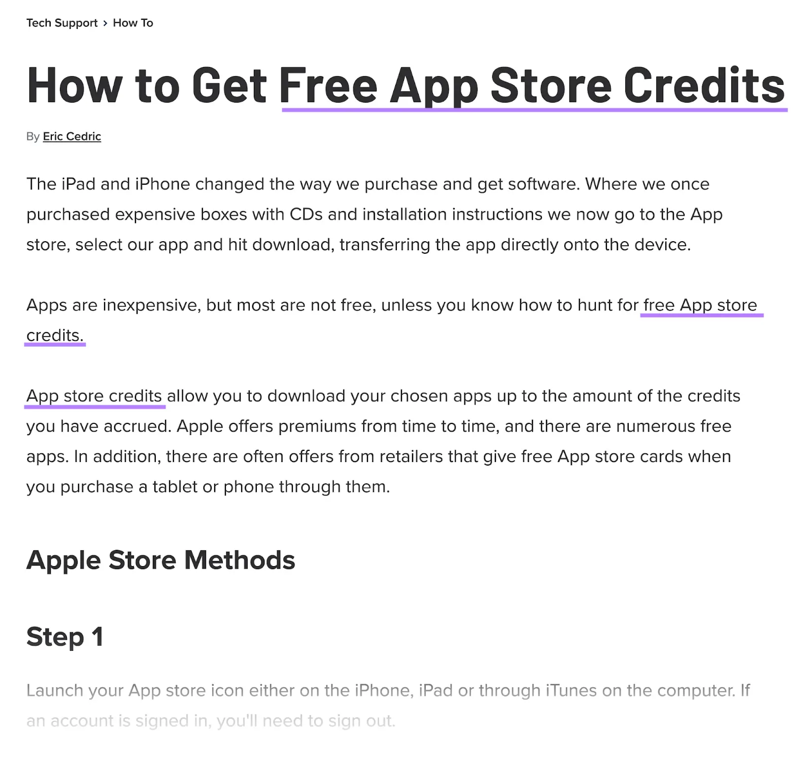 How a top-ranking page for a keyword uses the target keyword, "app store credits", and related terms in their content.
