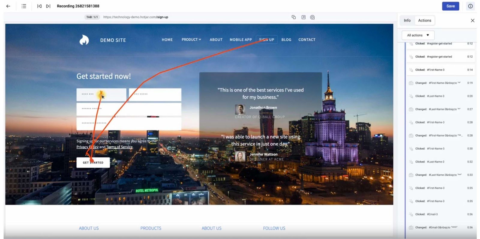 Hotjar’s “Observe” product showing a session recording on the site