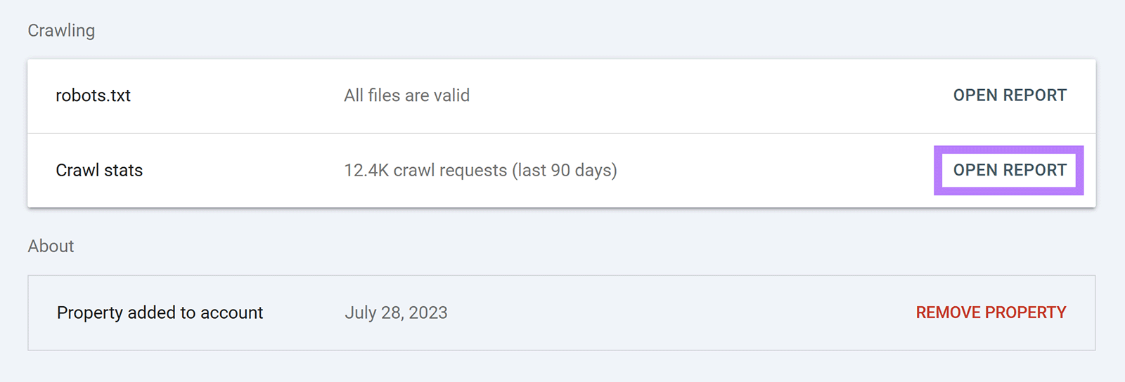 Crawling section in GSC settings page with Open Report hyperlink highlighted in Crawl stats row