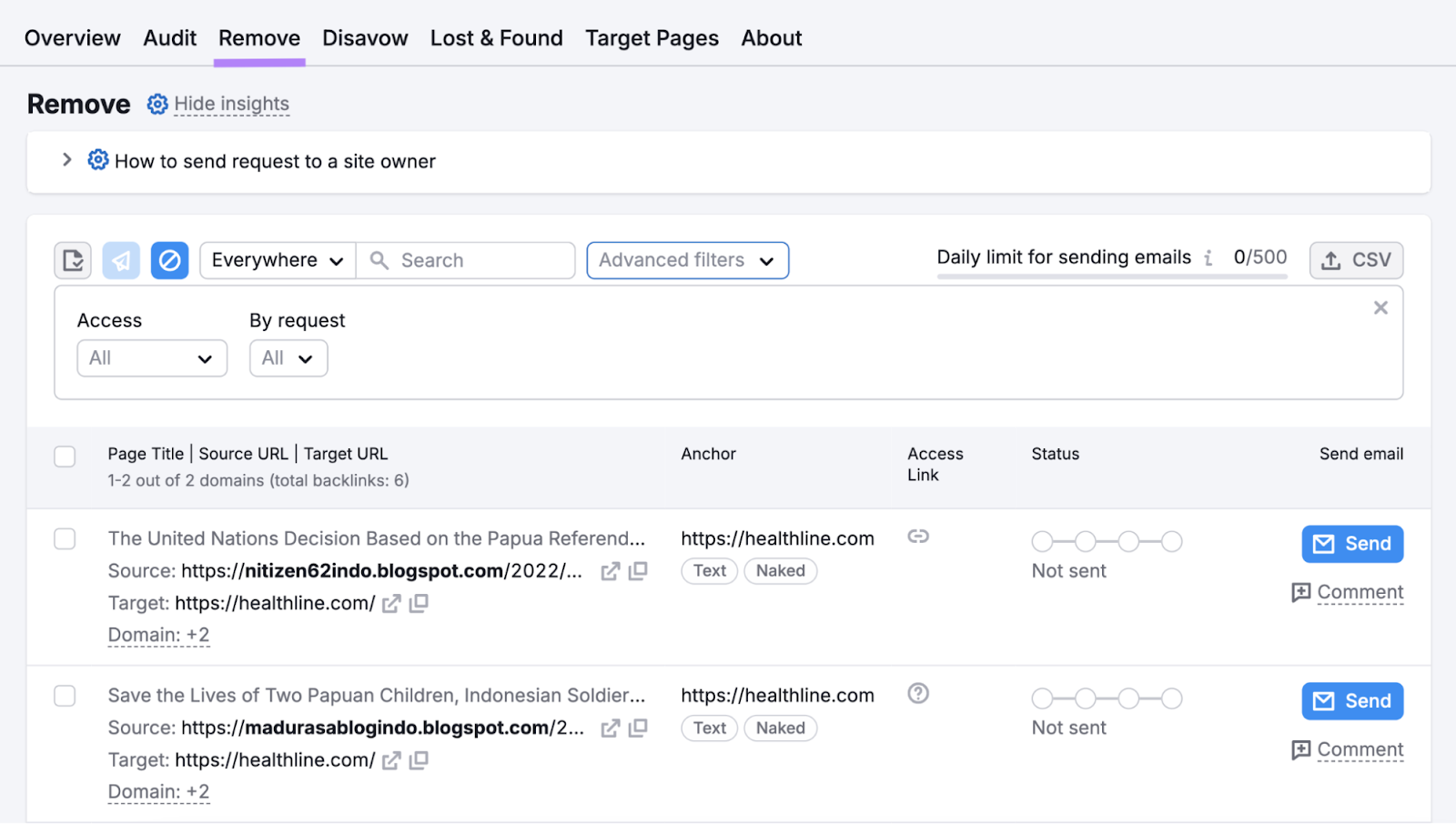 The "Remove" tab on the Backlink Audit tool showing a list of backlinks and their status.