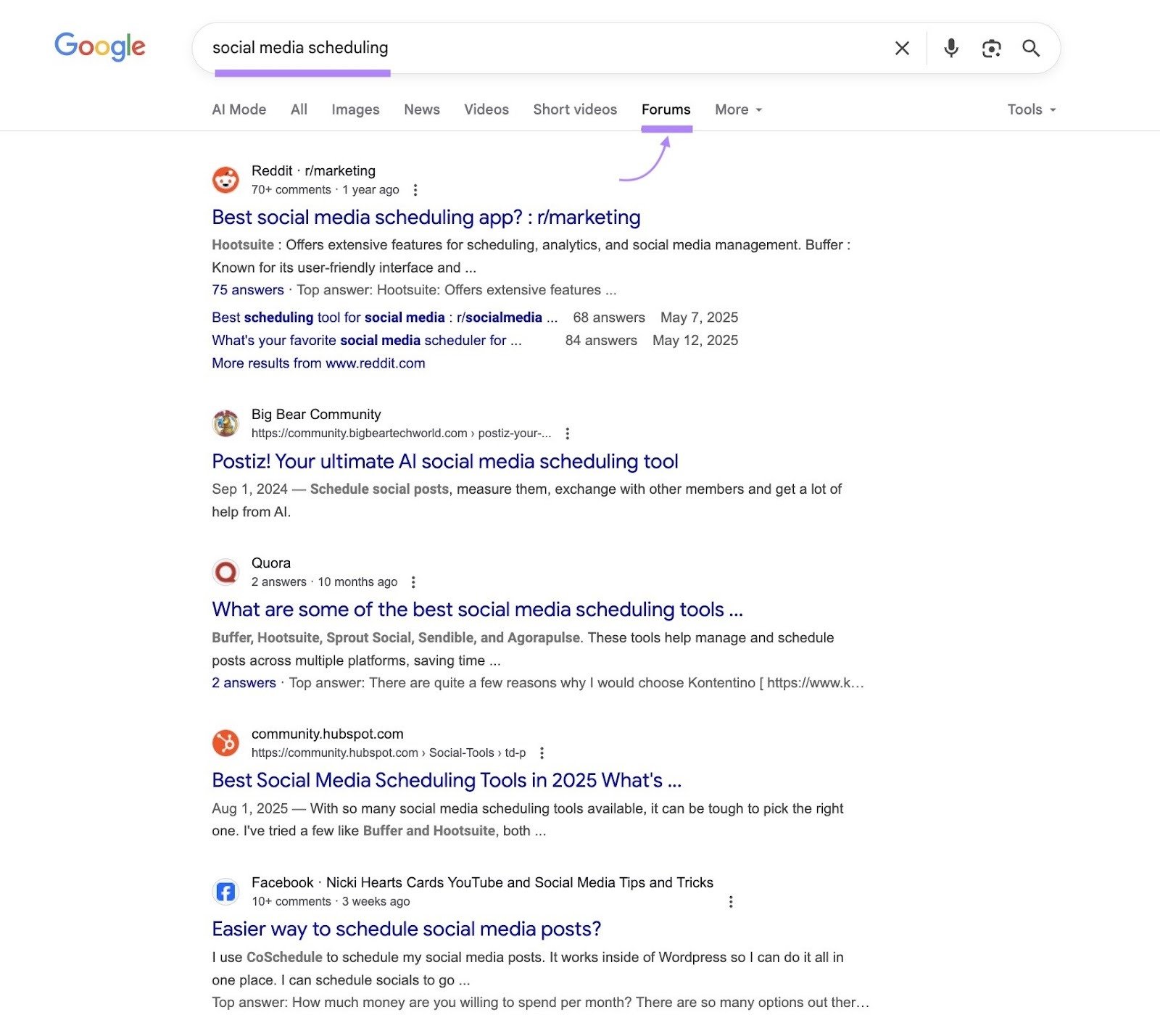 The "Forums" tab on Google SERP for the term "social media scheduling" showing results from Reddit, Quora, Facebook, etc.