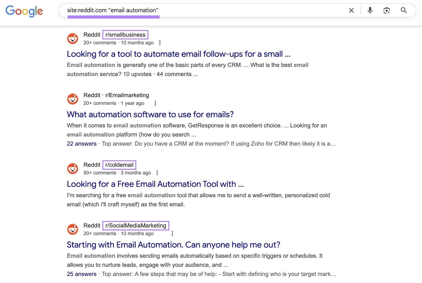 Using a site search operator with the keyword "email automation" to find relevant Reddit communities on Google.