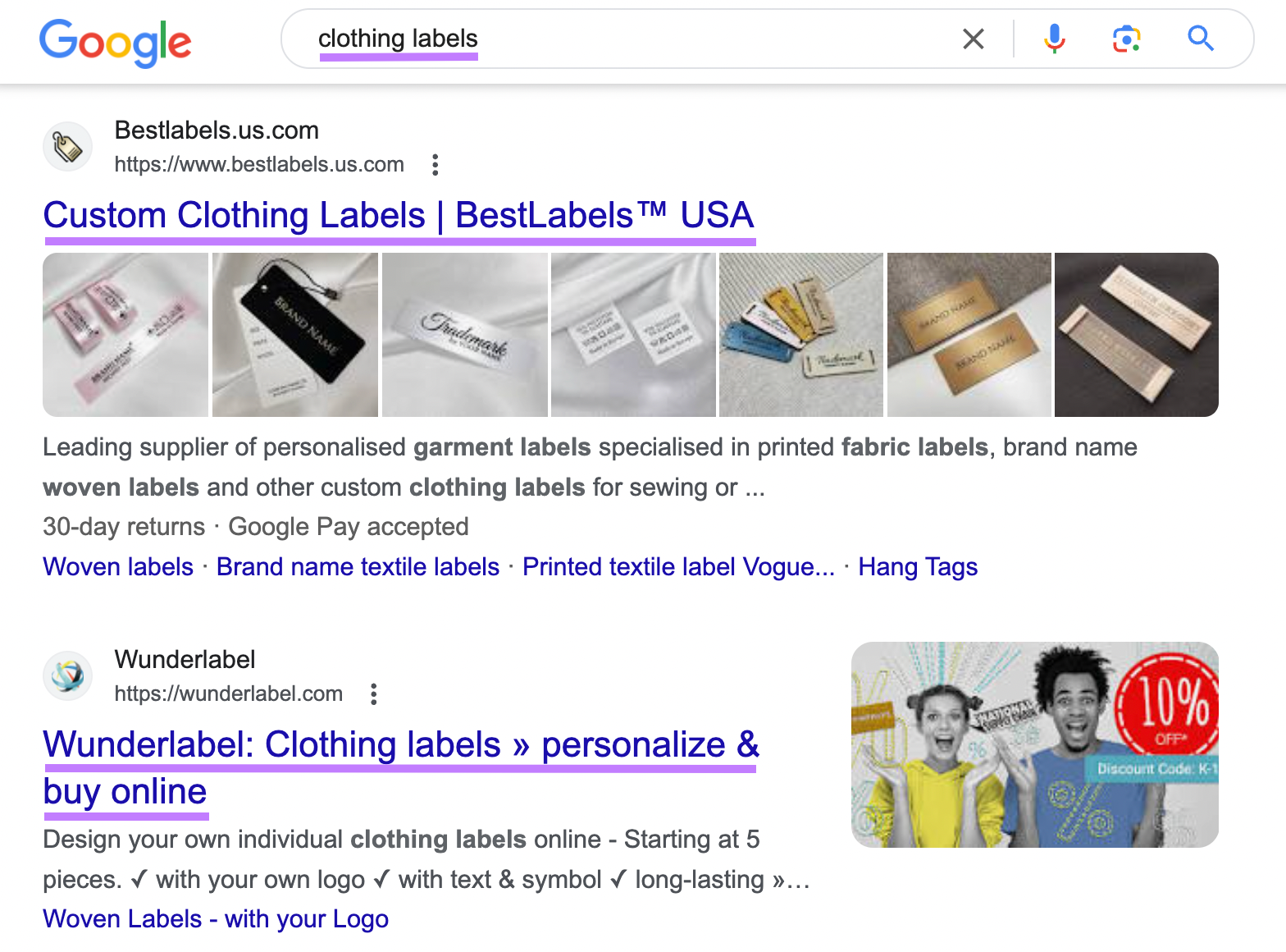 Google search results for “clothing labels” query