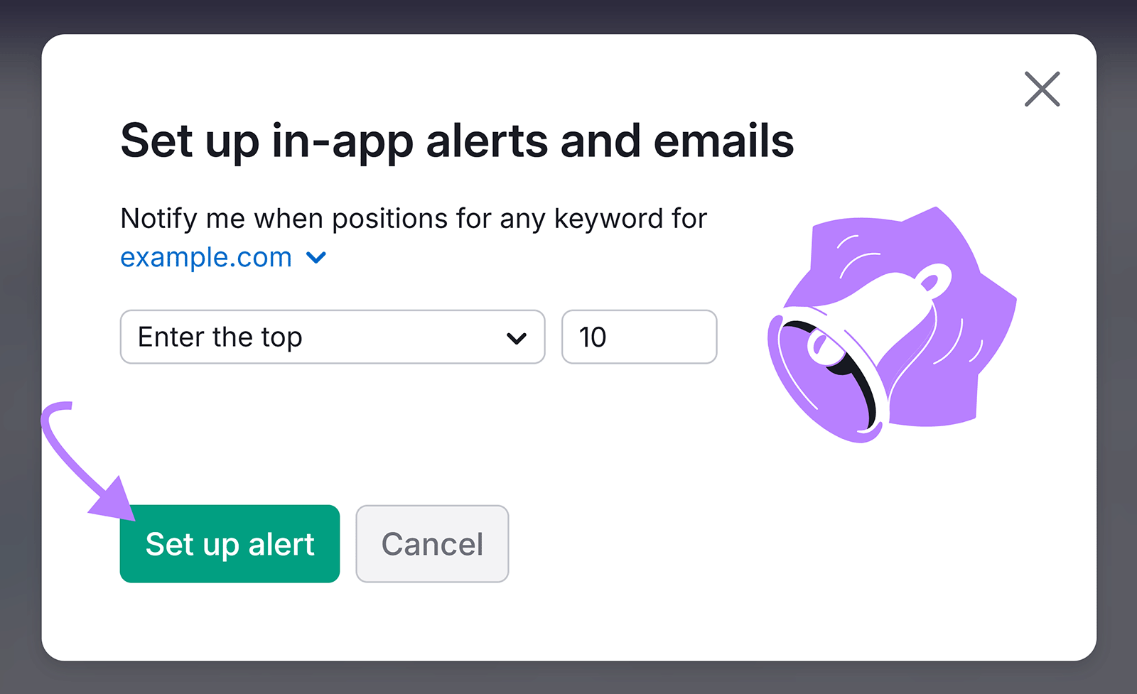 Popup window for setting up keyword alerts with arrow pointing to the "Set up alert" button.