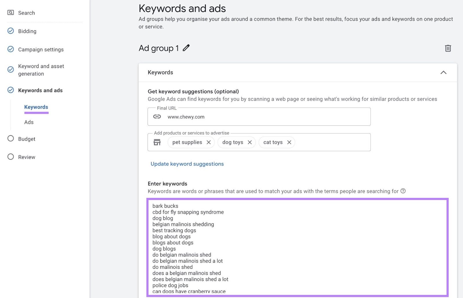 Keywords and ads settings on Google Ads with options to customize the URL, products or services to advertise, keywords to target, etc.
