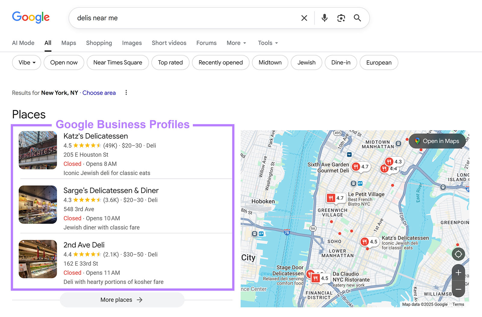 Google search for delis near me with business listings and map locations highlighted.