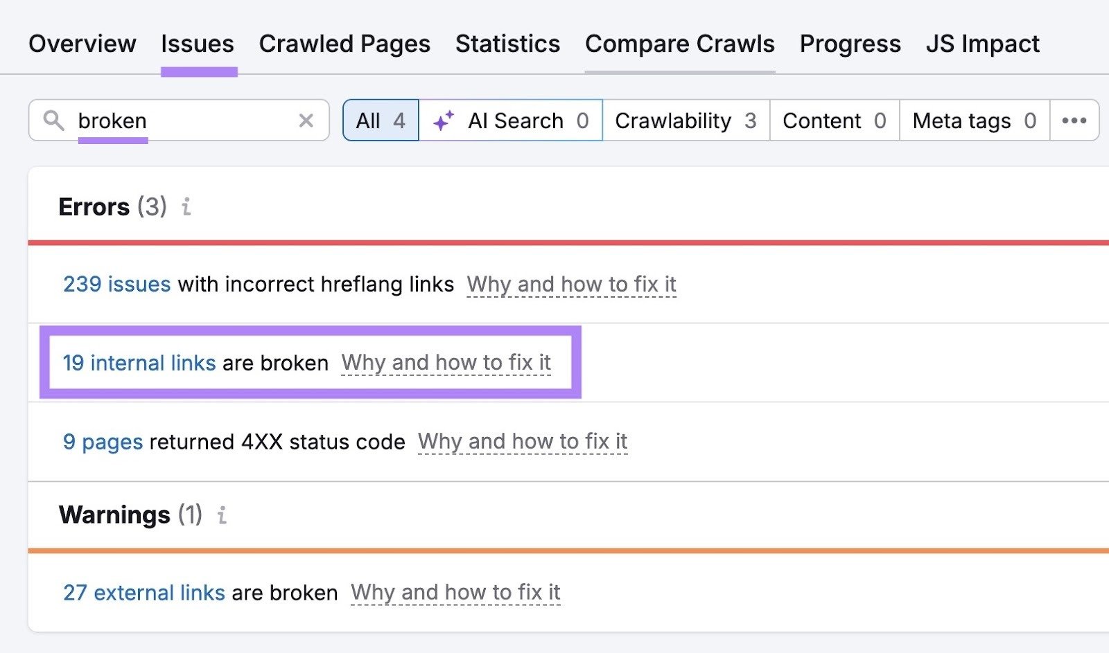 The "Issues" tab on Site Audit with "broken" entered and "19 internal links are broken" highlighted.