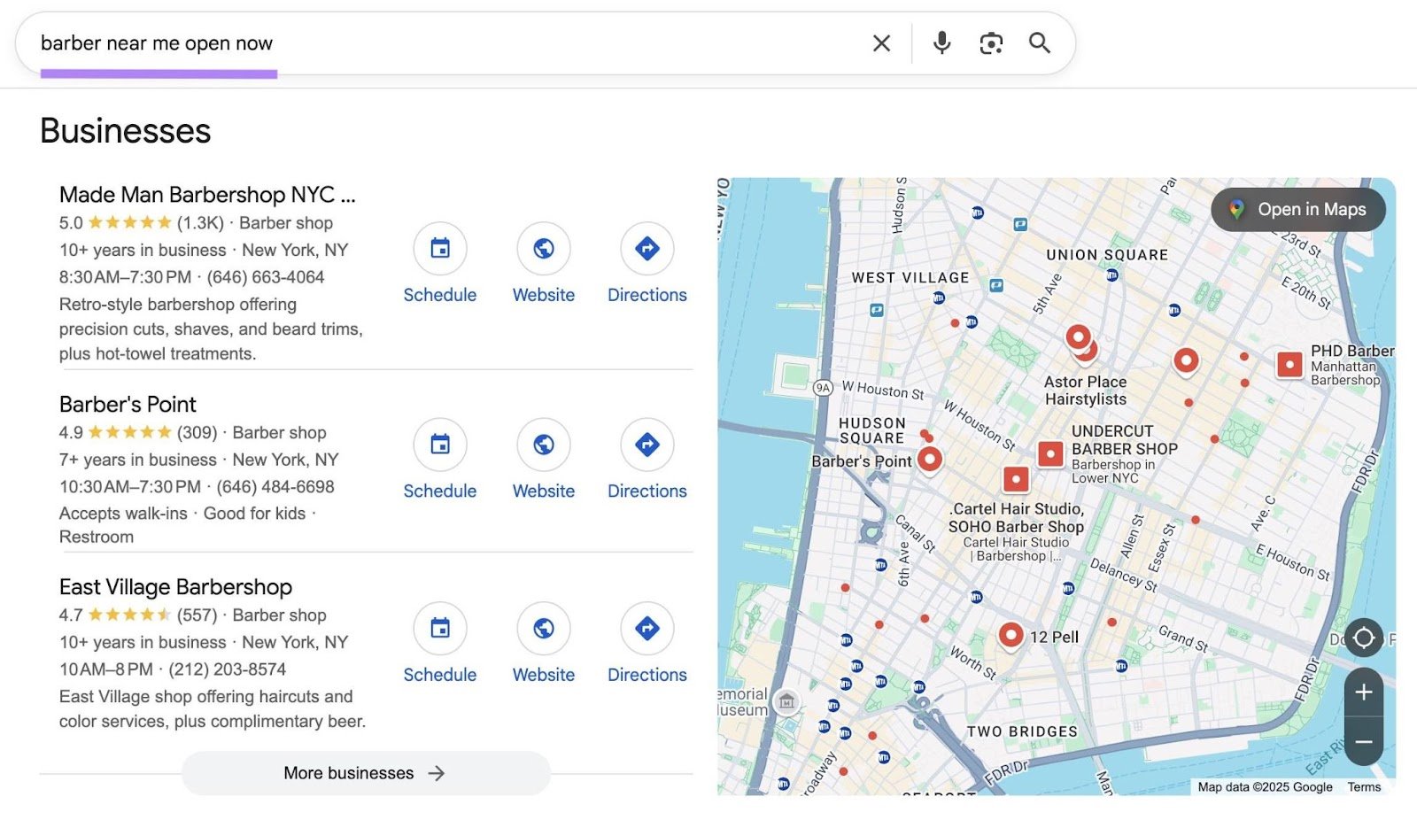 Google SERP with "barber near me open now" entered showing a list of local businesses as a list and on Google Maps.