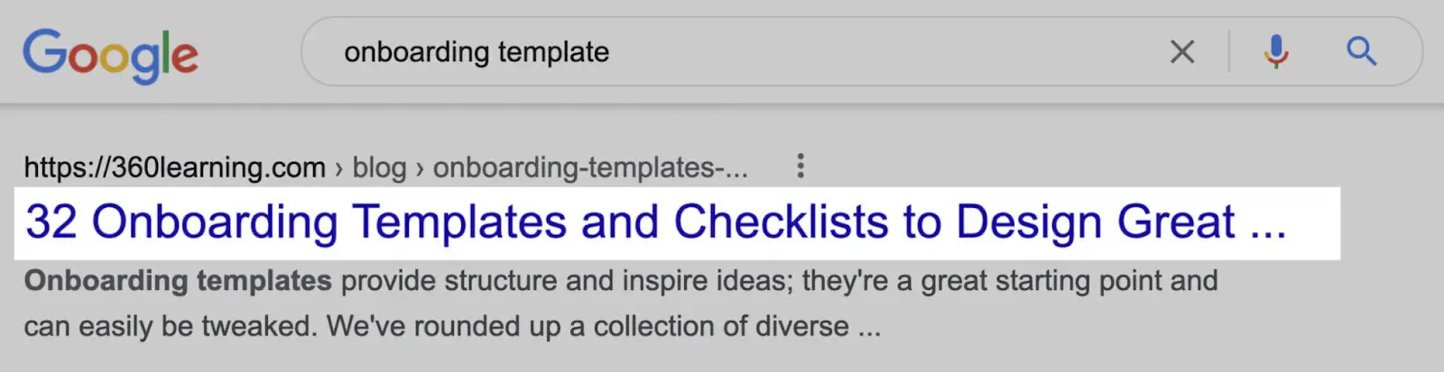 SERP for the term "onboarding checklist" showing a result with a truncated title tag.