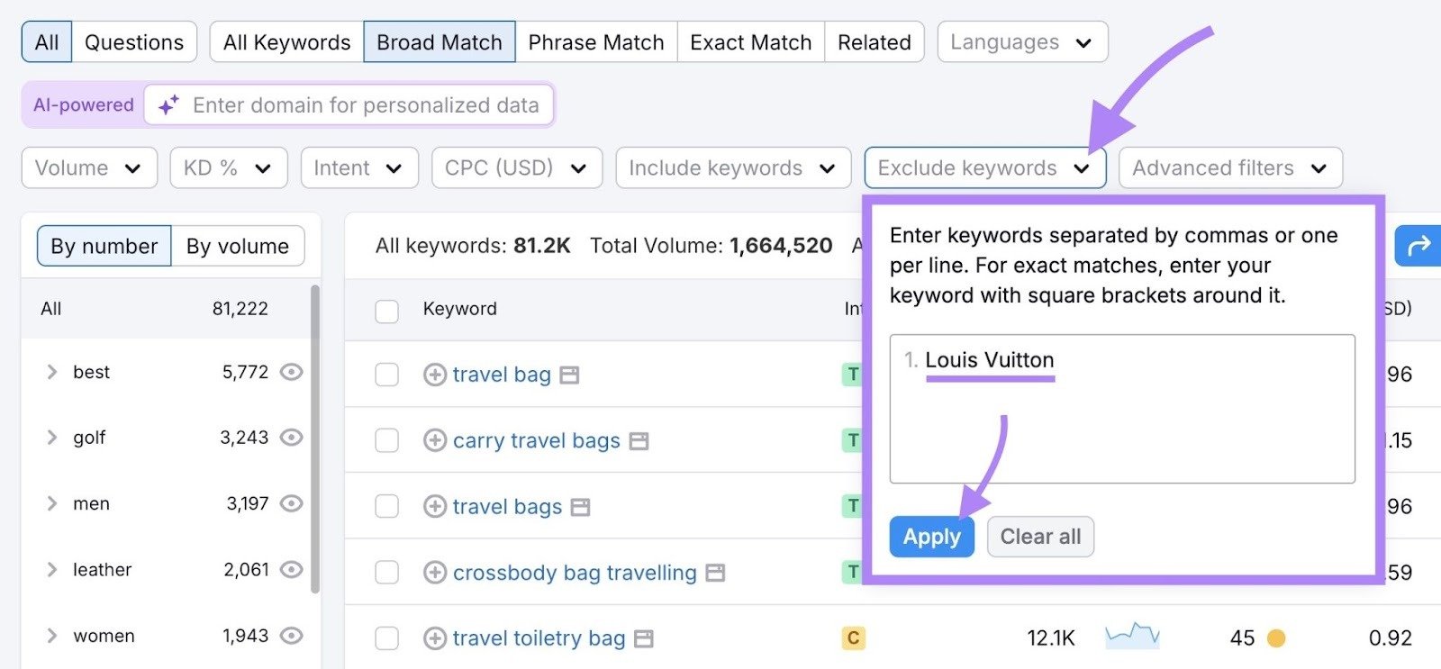 "Exclude keywords" clicked, "Louis Vuitton" entered, and "Apply" clicked on the Keyword Magic Tool.