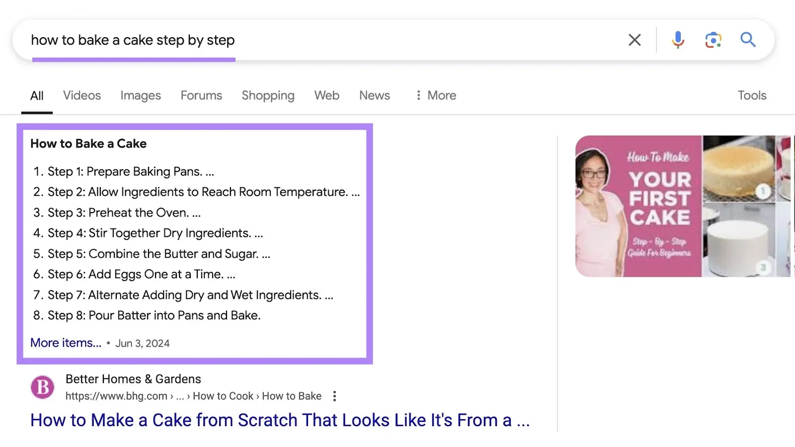 Featured snippet listing step-by-step instructions on how to bake a cake.